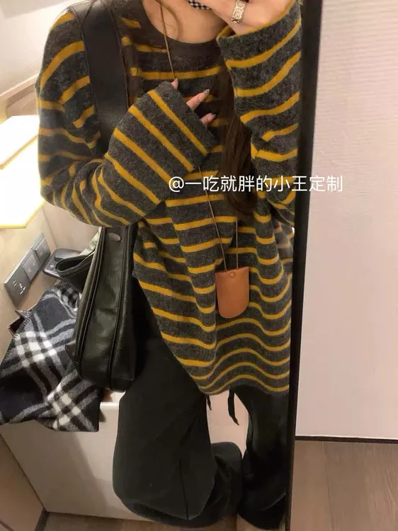 【小王家】慵懒风百搭黄色条纹韩系毛衣T恤秋冬宽松长袖新款长袖