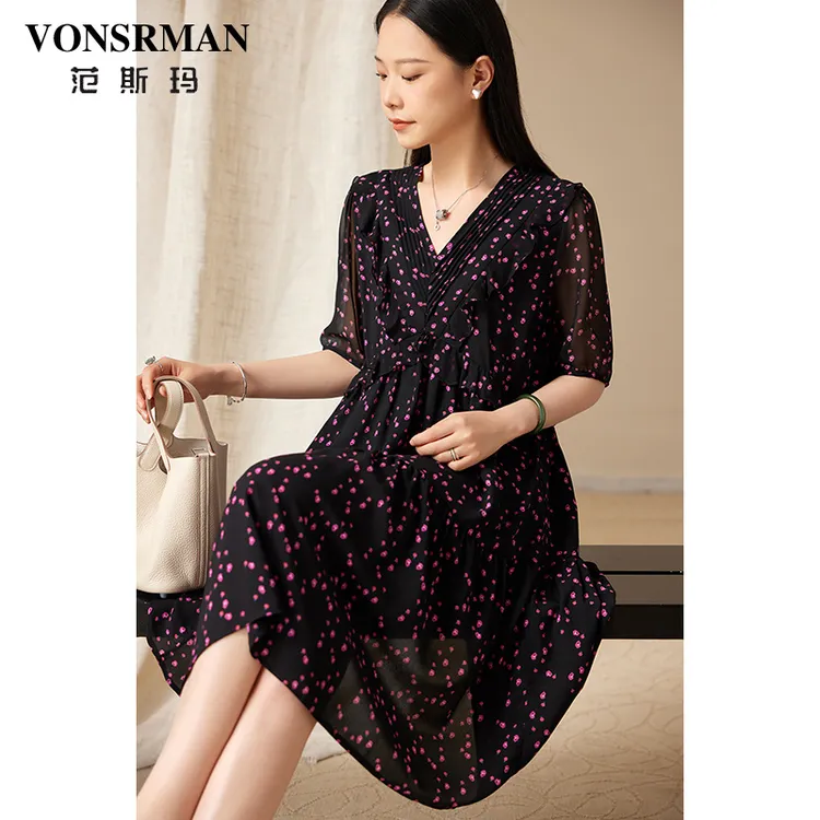 印花雪纺连衣裙女2025夏季新款高端时尚黑色设计感中长裙欧货女装