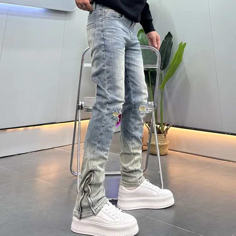 裤脚拉链微喇高街渐变牛仔裤男2025秋季新款补丁韩版修身小脚长裤