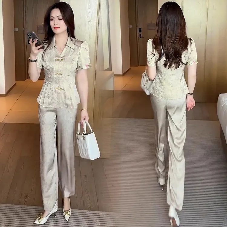 夏季新款时尚休闲套装女气质显瘦新中式国风短袖上衣阔腿裤两件套