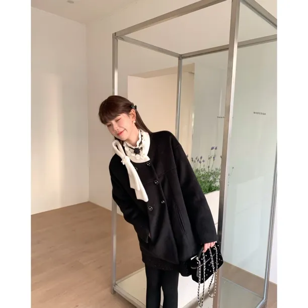 【一眼就爱的许妍感～】9913 90白鸭绒羽绒服内胆羊毛蝴蝶结毛呢外套