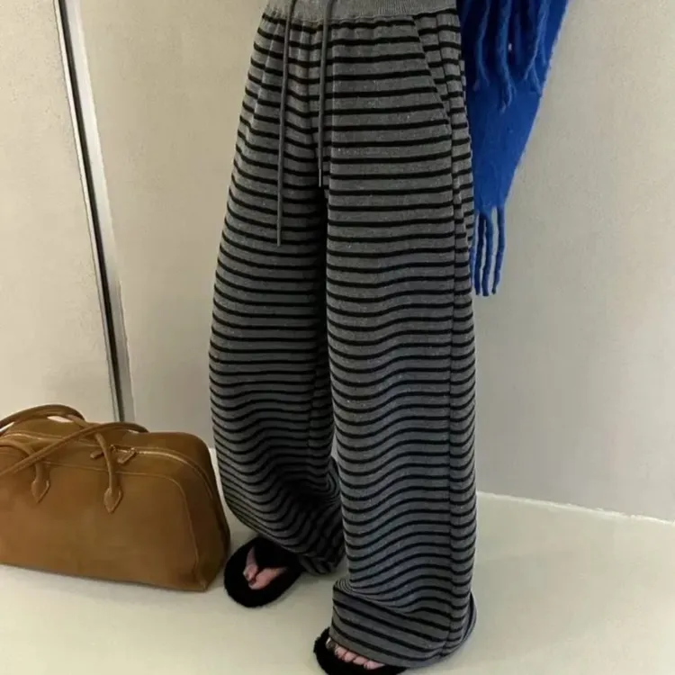 撞色条纹阔腿裤女高腰慵懒感休闲拖地长裤