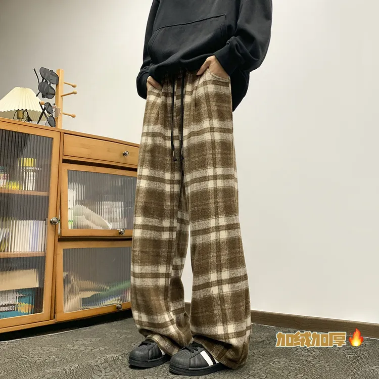 撞色加绒格子裤秋冬中性复古慵懒拖地直筒裤垂感加绒毛呢阔腿裤子