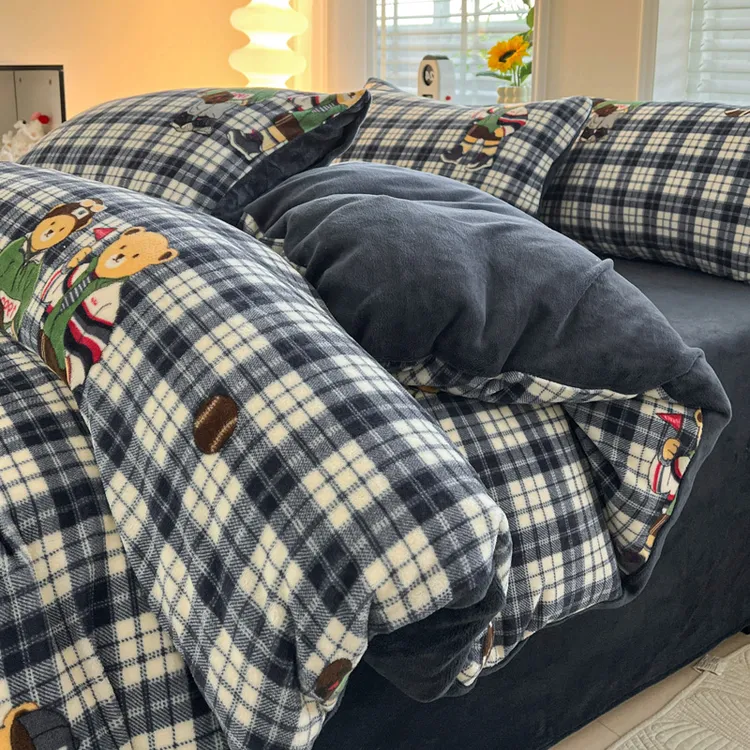 ins冬季复古小熊牛奶绒四件套双面珊瑚绒被套宿舍床单加绒三件套3