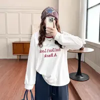 DC8171大码女装【美式复古T恤】早秋季字母印花宽松显瘦长袖打底衫