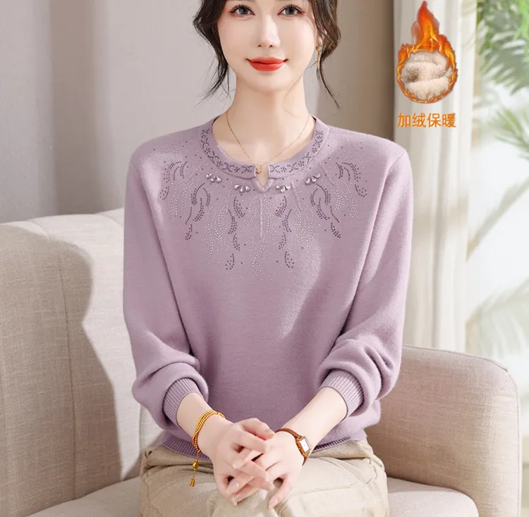 妈妈装秋冬打底衫时尚一体绒毛衣中年妇女加绒加厚低领保暖内搭