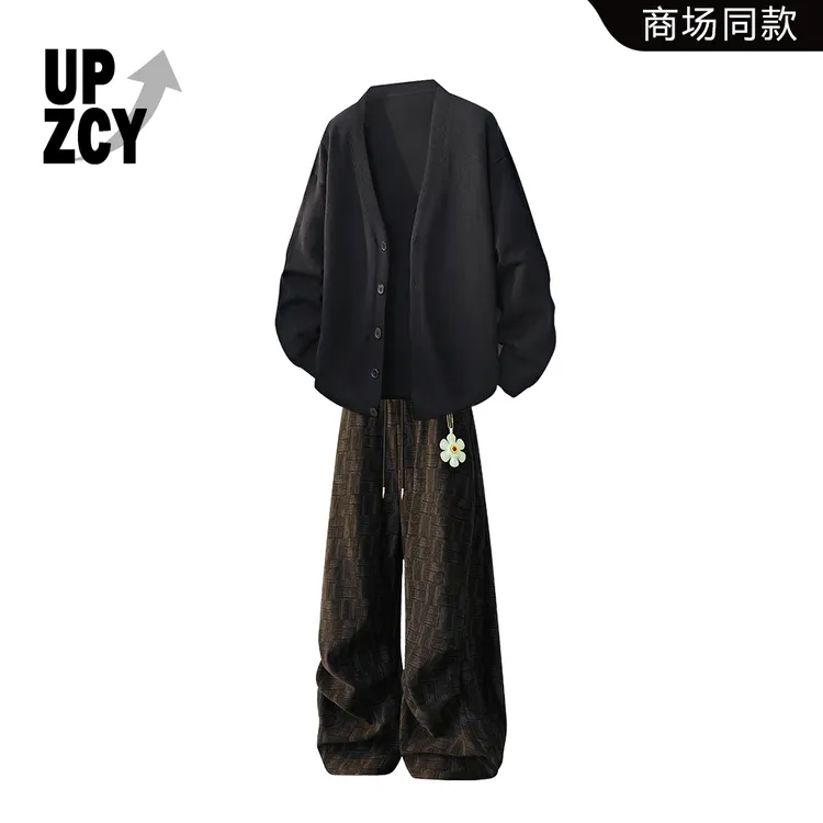 UPZCY开衫休闲针织毛衣套装男士秋冬宽松时尚痞帅潮流挂饰休闲裤