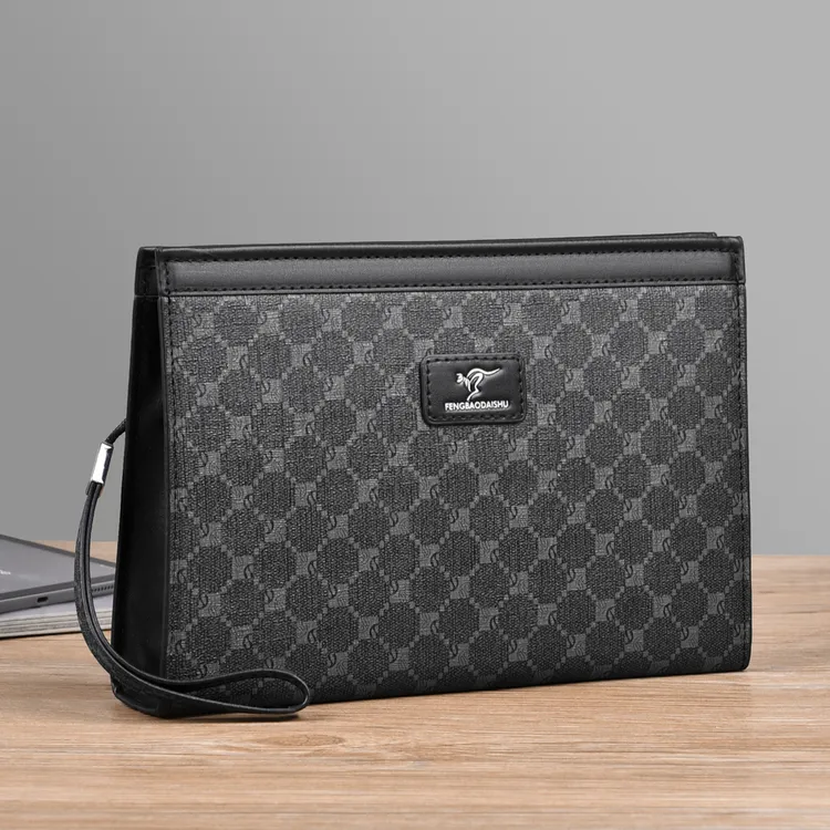 时尚印花格纹手拿包男士商务出行大容量手包潮流休闲腋下手抓包男