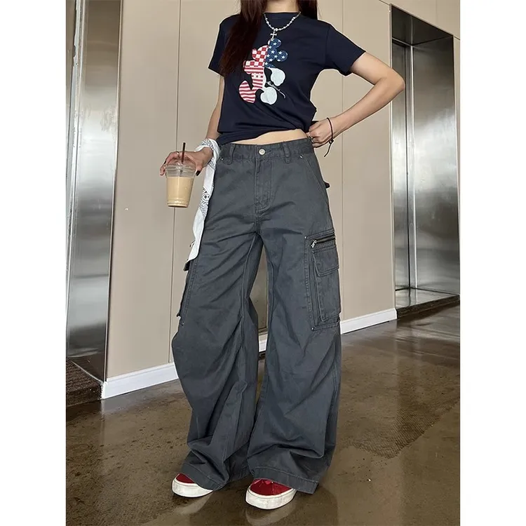 LIUGE 美式复古高街多口袋工装裤男女夏季薄款宽松直筒阔腿休闲裤