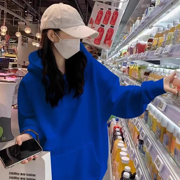 克莱因蓝连帽卫衣女2025春秋新款加绒加厚外套纯色韩版慵懒风上衣