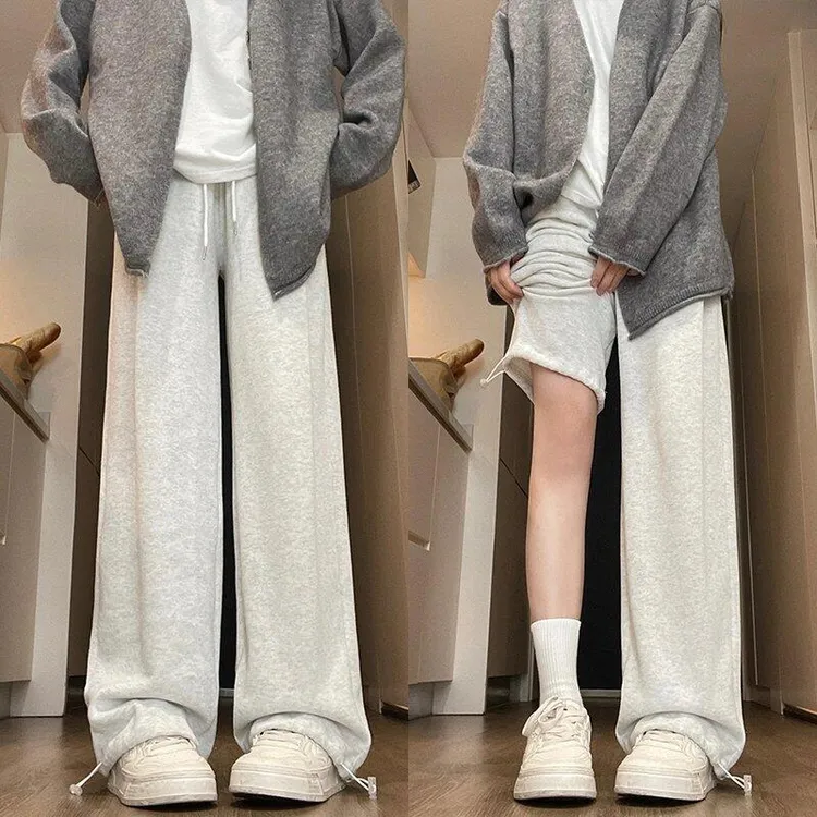 灰色运动裤女春秋2025新款高腰冬季加绒高腰宽松休闲直筒阔腿裤子