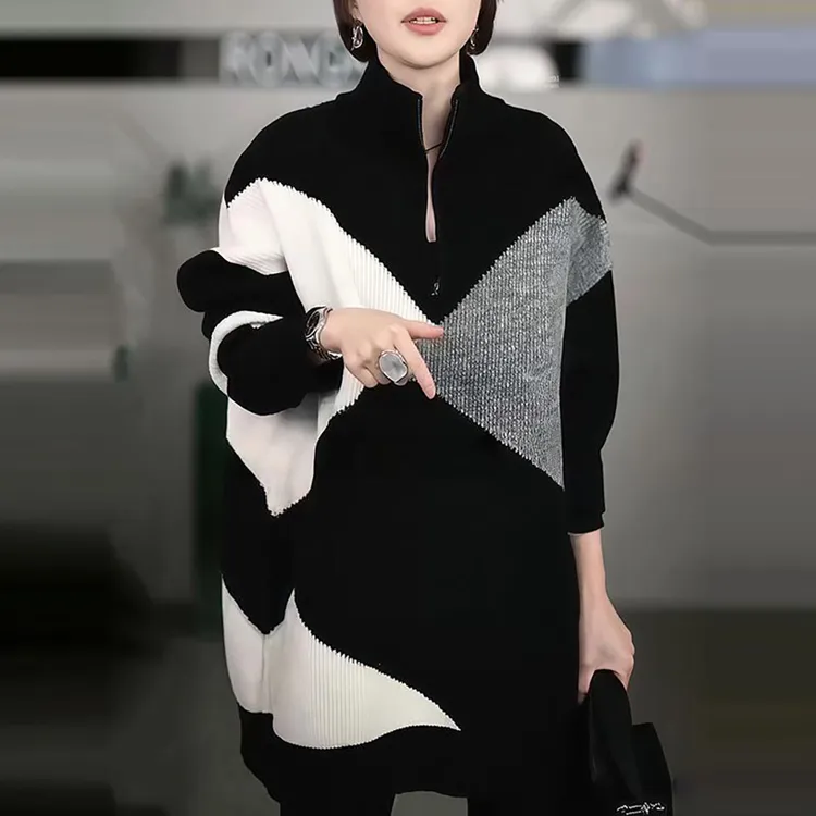 撞色立领针织衫女士秋冬新款高级感宽松显瘦中长款半拉链毛衣上衣