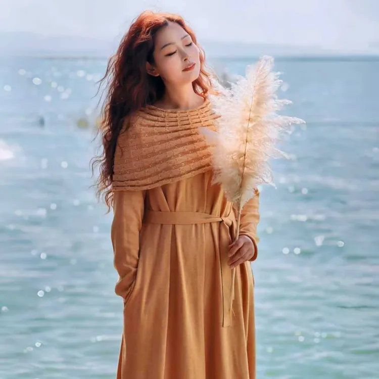 【董艺旅行穿搭】埃及艳后·围领毛衣裙长款针织裙披肩领秋冬长裙