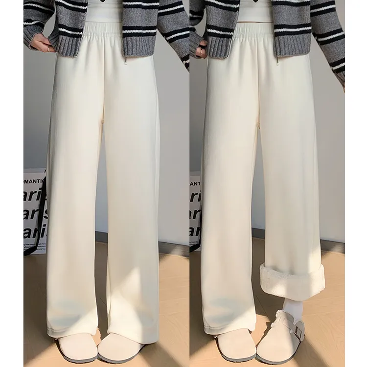 糯米醋酸羊毛阔腿裤女秋冬2025高腰小众特厚加绒白色裤子