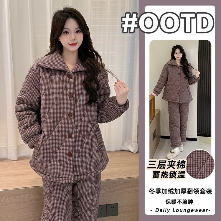 冬季三层夹棉睡衣女加绒加厚保暖2025年新款家居服两件套可外穿