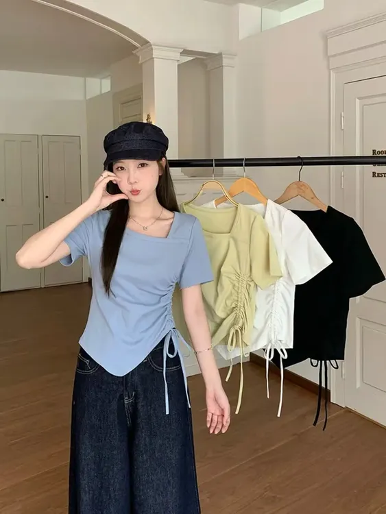 2025夏装新款胖mm大码女设计感不规则抽绳小众短袖T恤出游服装女