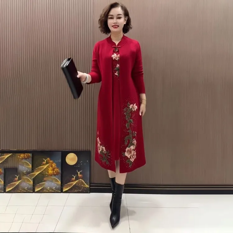 重工刺绣针织连衣裙新中式国风假两件时尚气质大码婚宴妈妈结婚裙
