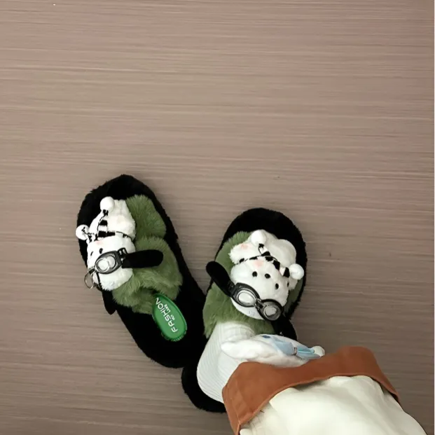 可爱卡通厚底毛毛拖鞋女冬季摆件外穿防滑居家保暖一字棉拖鞋潮