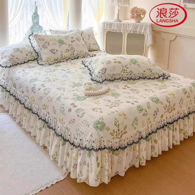 浪莎ins韩式小碎花全棉夹棉加厚床单荷叶花边床裙纯棉床盖三件套