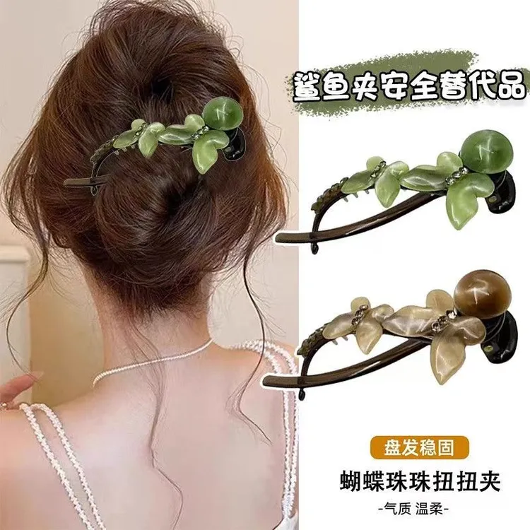 蝴蝶发夹网红扭扭夹随手盘头饰一字抓夹发卡复古珠珠发饰气质百搭