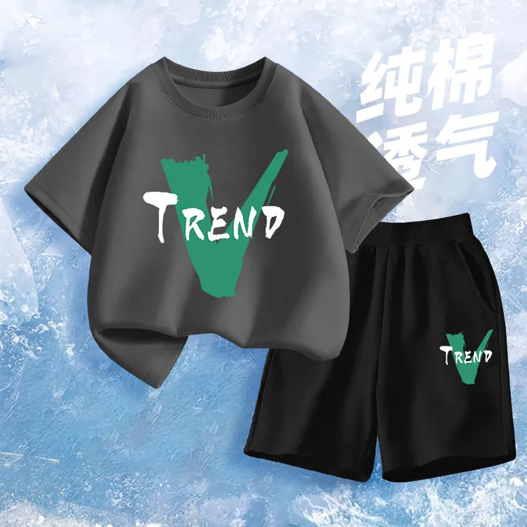 男童夏季套装2025新款薄款中大童白色纯棉短袖儿童两件套炸街休闲