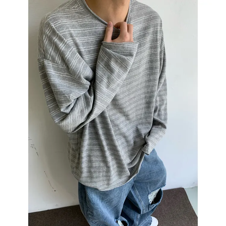 dannyandzee秋季复古毛边圆领宽松慵懒百搭针织条纹长袖T恤ins797