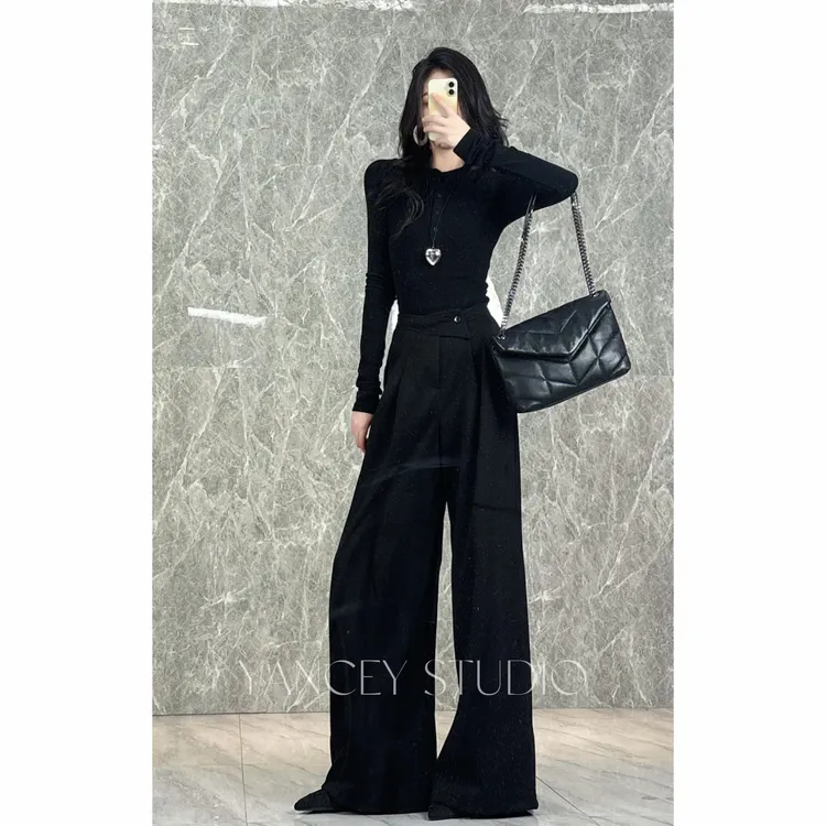 【Yancey燕西】【美拉德】秋冬新款咖色加厚呢子西装裤女美拉德风斜扣设计阔腿裤