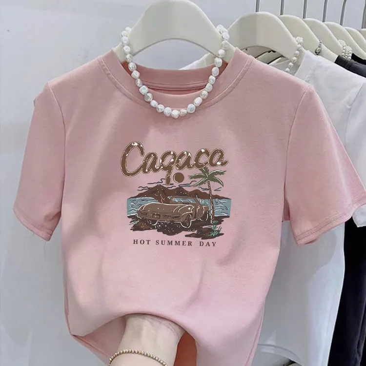新款圆领汽车椰子树印花纯棉短袖女修身显瘦百搭洋气衣服女