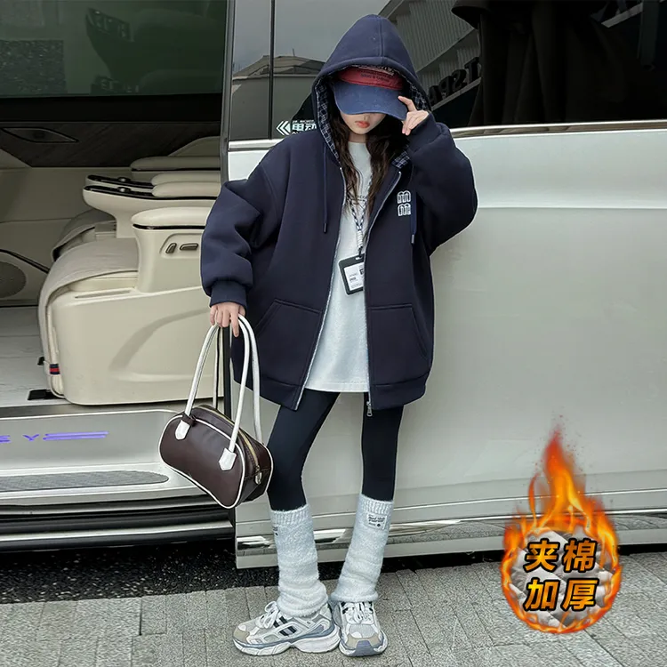 女童外套秋冬2025新款洋气爆款连帽12-15岁大童加厚夹棉拉链上衣