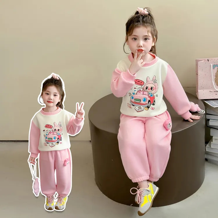 童装女童秋季中小童3-8岁幼儿园小童拉布布印花烫钻卡通卫衣套装