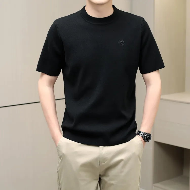 秋冬针织打底衫简约纯色绣花修身高端商务短袖毛衣针织衫男装上衣