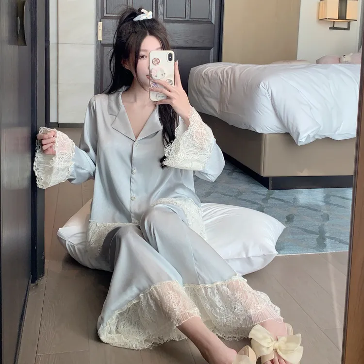2025睡衣女冰丝新款网红爆款蕾丝花边洋气春秋季两件套长袖家居服