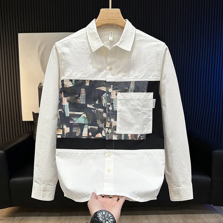 春秋季潮流拼接长袖衬衫男宽松休闲拼色印花纯棉翻领男装衬衣外套
