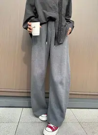 秋季新款宽松弹力直筒卫裤女纯色简约高腰休闲百搭抽绳松紧腰长裤