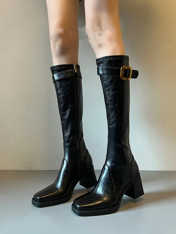升级版~辣妹风高跟长筒靴女皮带扣方头包腿瘦腿长靴子加绒骑士靴