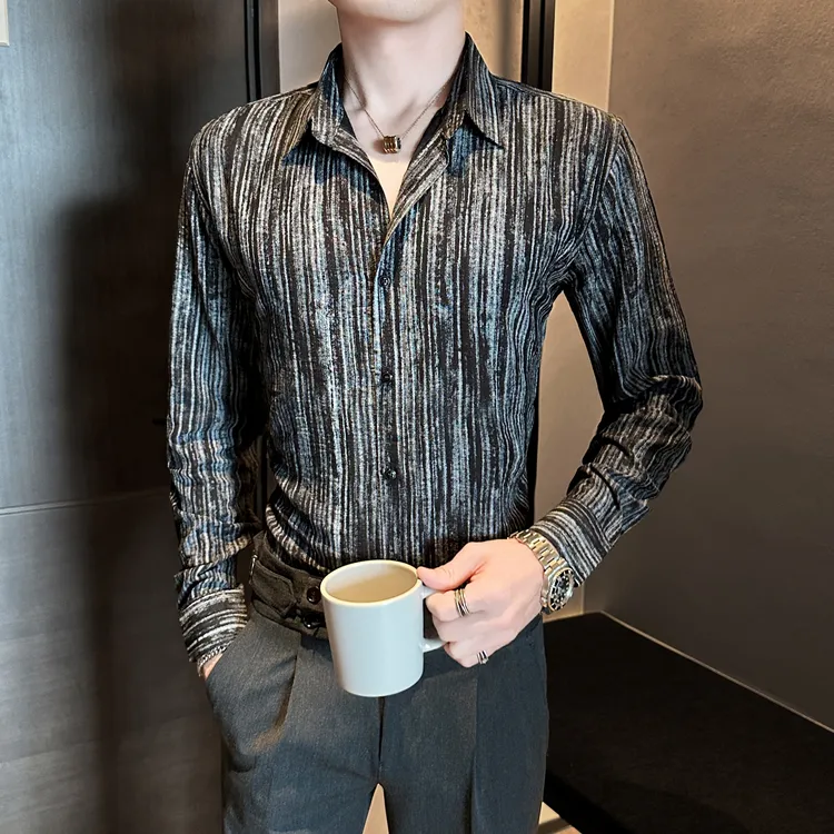 高级感渐变撞色长袖衬衫男装秋季2025新款潮流痞帅休闲网红衬衣男