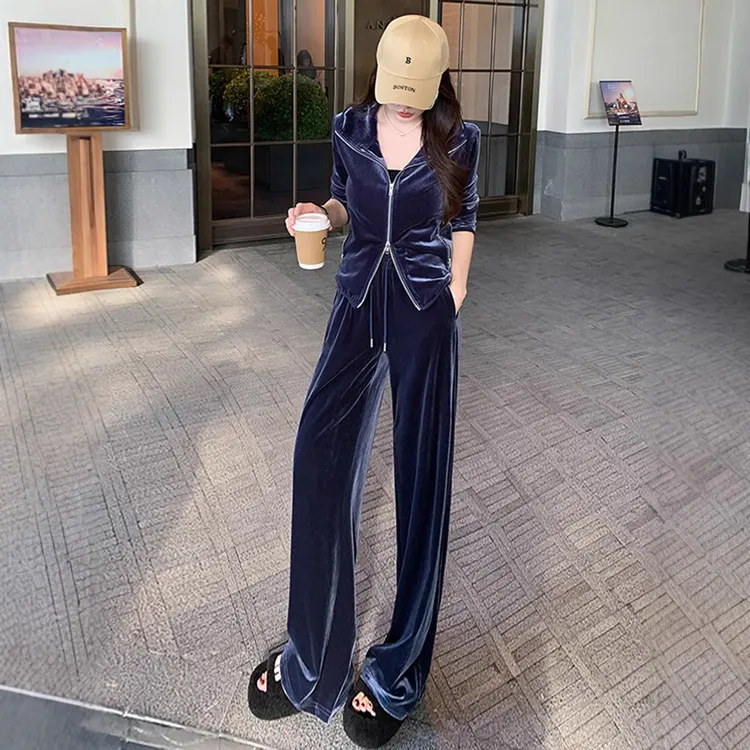 感金丝绒休闲运动套装女春季新款显瘦V领上衣阔腿裤两件套潮