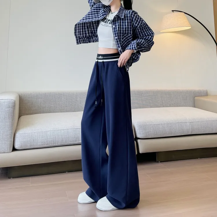 2025秋冬新款藏青色松弛感运动卫裤女高腰宽松阔腿裤直筒休闲裤子