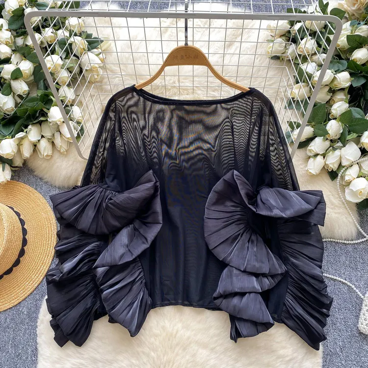 春季新款法式圆领荷叶边拼接袖子时尚透视网纱女士衬衫