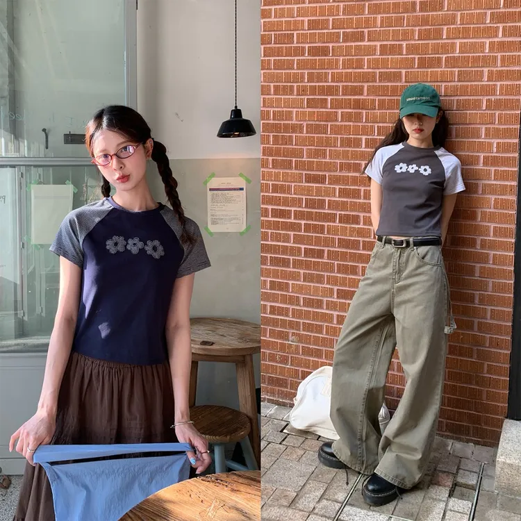 RAINY 经典百搭贴布绣插肩袖条纹拼接T恤夏季女短款打底衫上衣