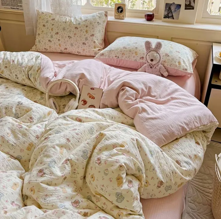 A类有氧提花彩竺双层纱三件套四件套 小清新被套柔软透气四季款