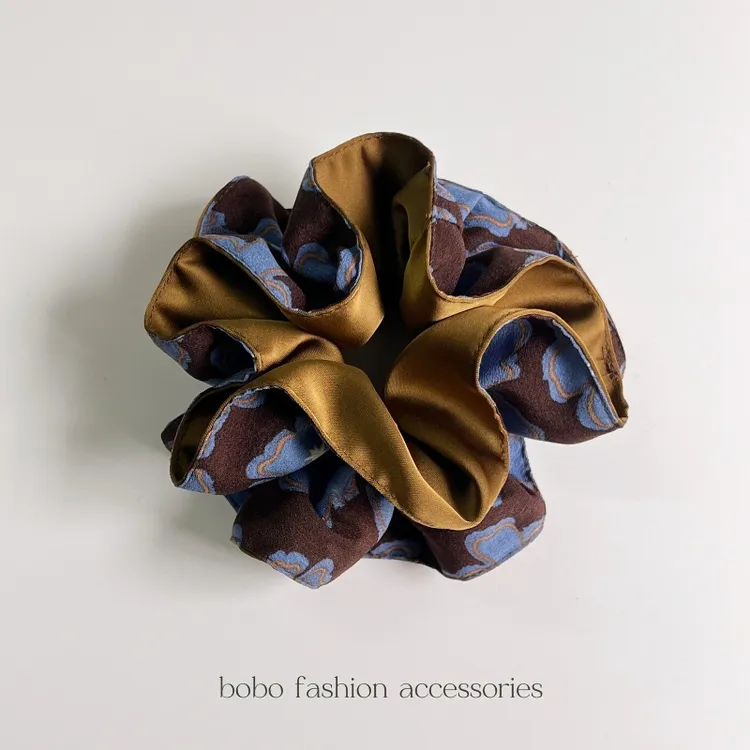 时尚撞色复古蓝色印花大肠发圈女高级轻奢双层褶皱洋气扎头发圈