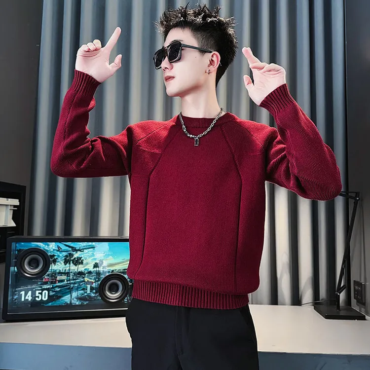 红色毛衣男款冬季潮牌内搭打底线衣2024新款男士秋冬装圆领针织衫