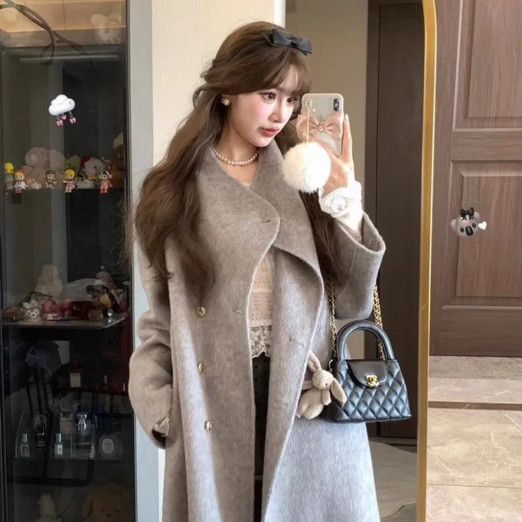 灰色双面绒呢大衣女中长款2025冬季高级感双排扣毛呢外套