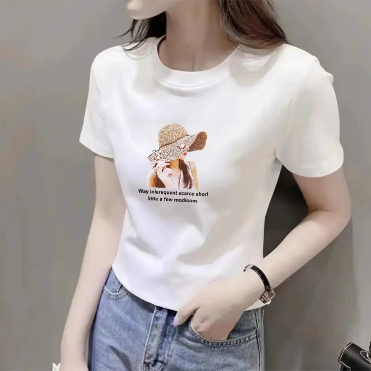 圆领正肩白色短袖t恤女夏季韩版修身显瘦大码体恤衫洋气印花上衣