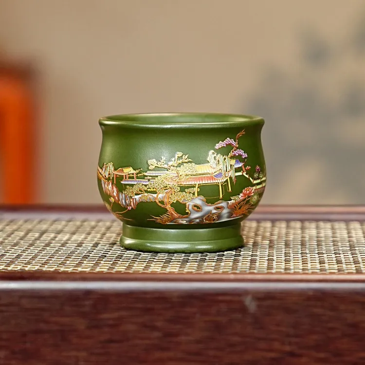 宜兴全手工紫砂茶具 原矿绿泥泥料珐琅彩手绘亭台楼阁紫砂主人杯