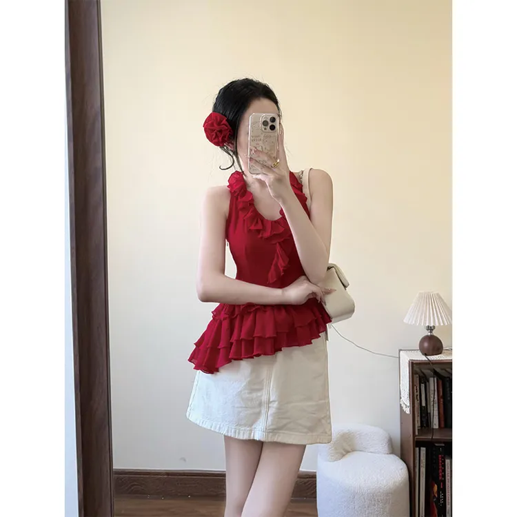 辣妹风气质红色荷叶边挂脖露背上衣女夏季白色A字牛仔短裙两件套