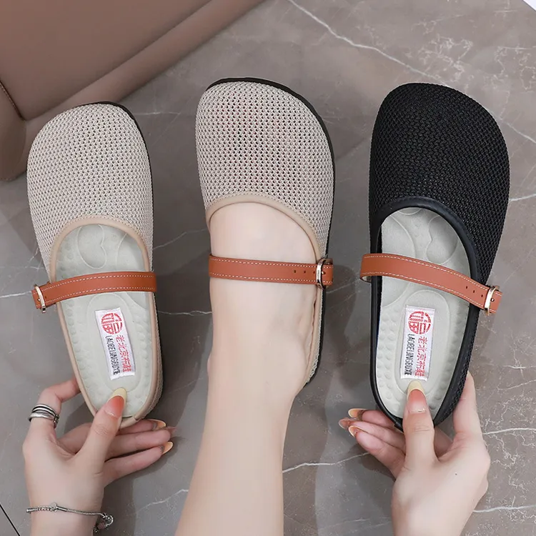 2025夏季新款飞织网面包头半拖鞋透气百搭女外穿一脚蹬渔网凉拖鞋