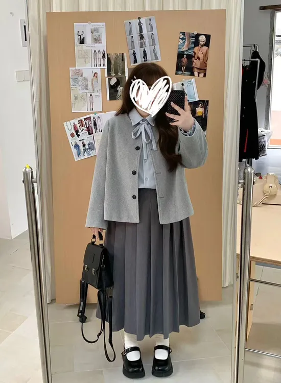 2025设计时尚盐系清新复古胖mm韩系时尚衬衫+外套+半裙套装2669
