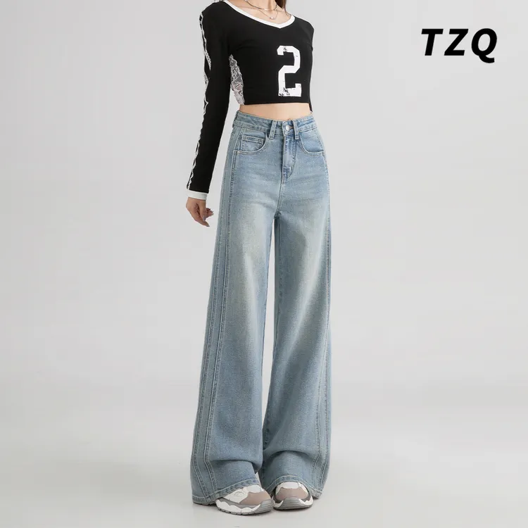 高腰阔腿牛仔裤女爆款2025新款秋季加绒高腰宽松百搭小个子直筒裤
